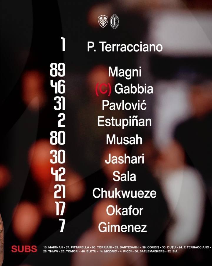 ayxsports-利兹联vs米兰首发：亚沙里首秀！魔笛替补，穆萨、希门尼斯先发